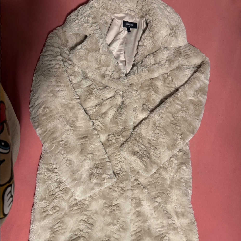 Kenneth Cole Cream Teddy Jacket Plush Lapel Mid-Thigh